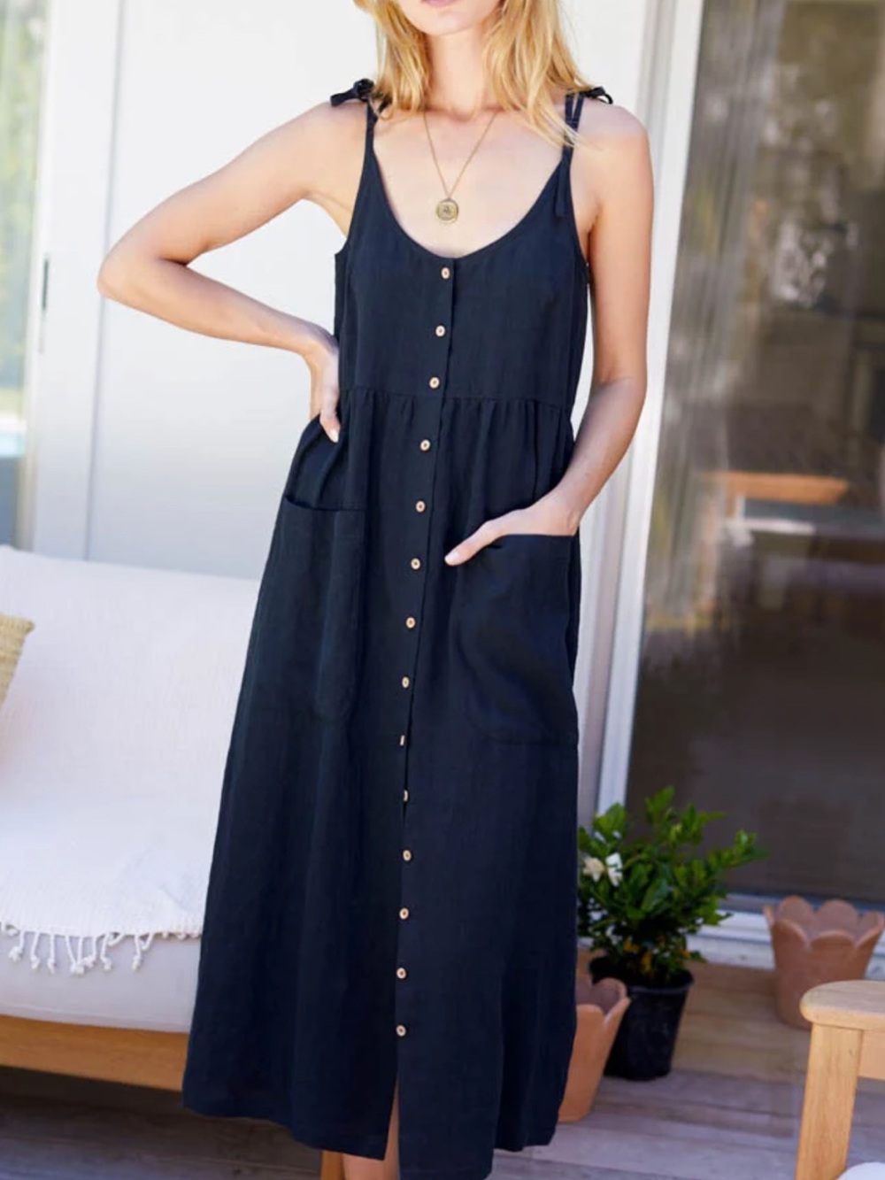 Emerson Fry Black Button-Front Tie-Shoulder Maxi Dress Livia Button Linen